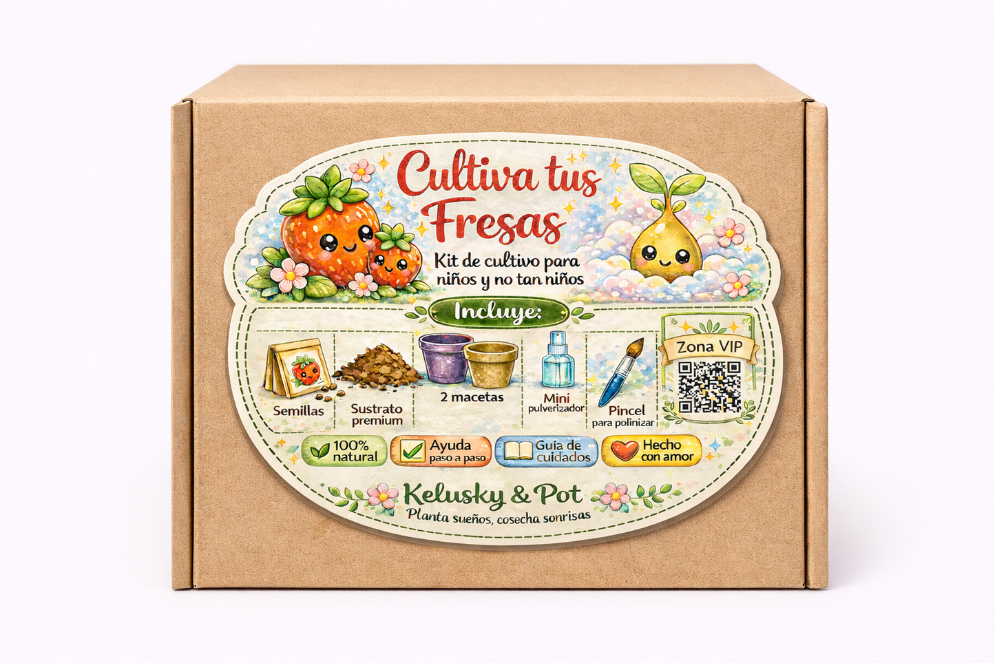 Kit educativo de cultivo de fresas, sostenible y hecho a mano.