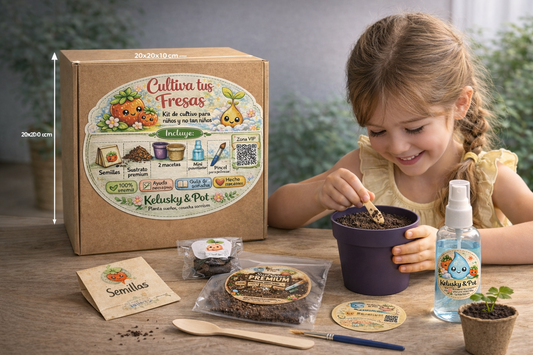Kit educativo de cultivo de fresas, sostenible y hecho a mano.