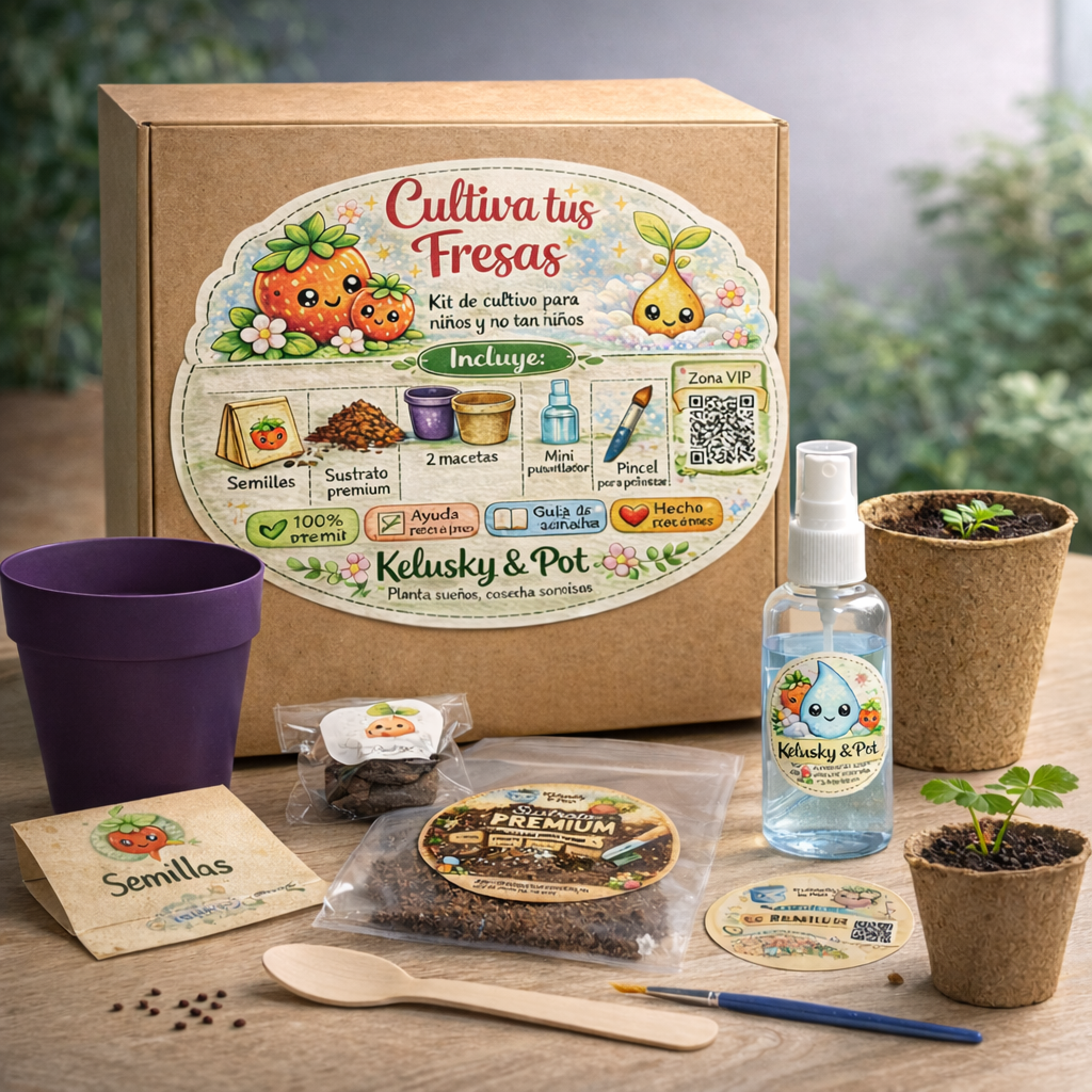 Kit educativo de cultivo de fresas, sostenible y hecho a mano.