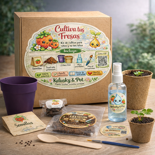 Kit educativo de cultivo de fresas, sostenible y hecho a mano.